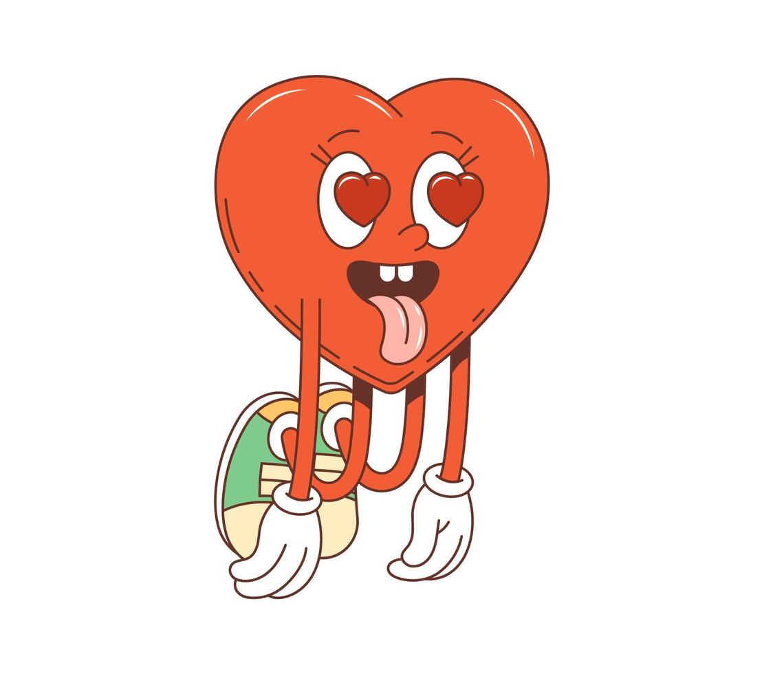 Cartoon retro groovy valentine heart character vector