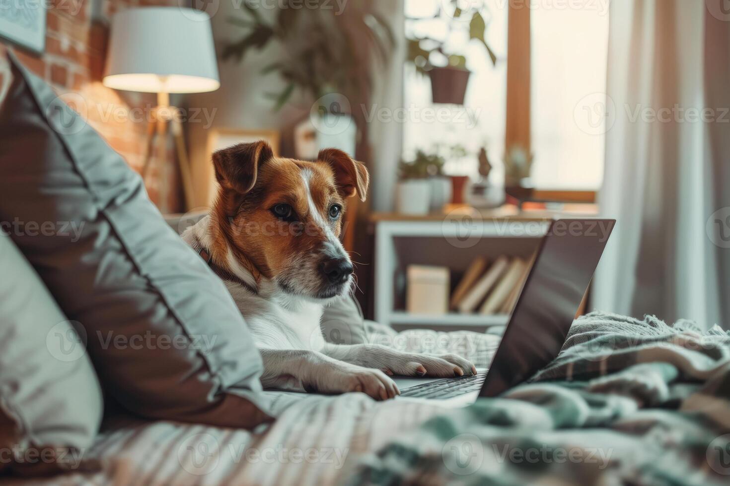 dog in front of a laptop, concept of remote work, telemedicine, online work photo