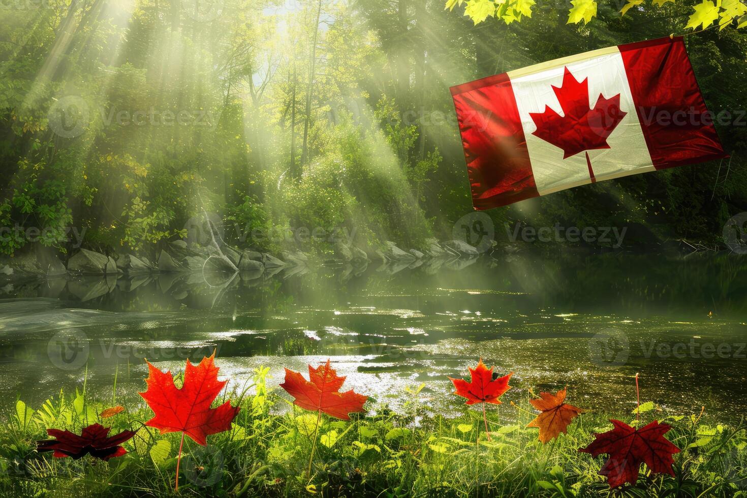 Canadian flag on nature and maple background, Canada Day photo