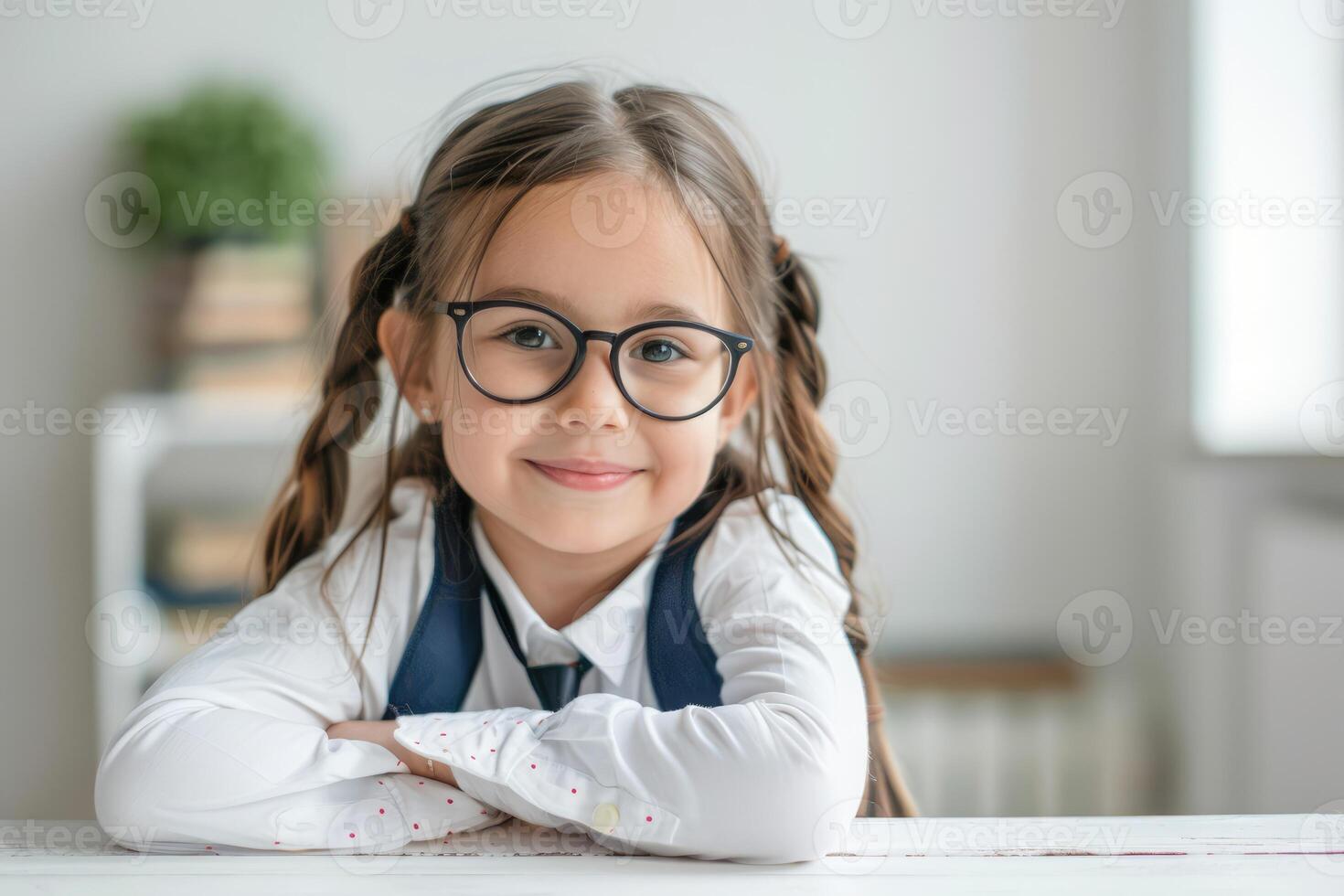 school girl in glasses sitting at table, school, studying, vision problem, vision correction, optics, ophthalmology photo