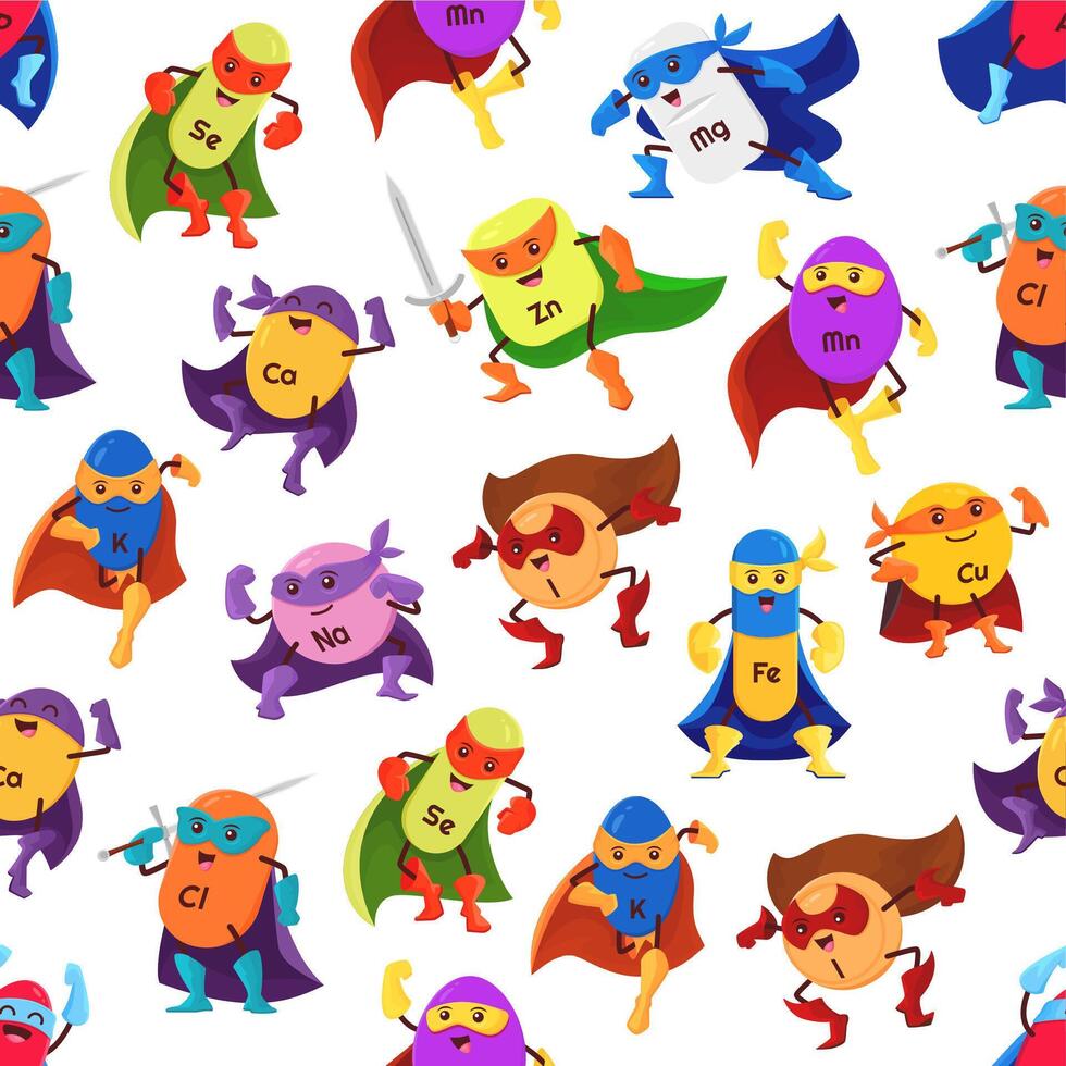 Micronutrient superhero character seamless pattern vector