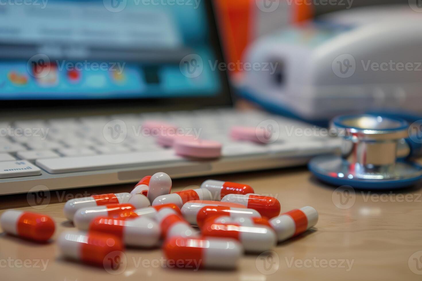 pills and stethoscope in front of laptop. telemedicine concept, online consultation with a doctor photo