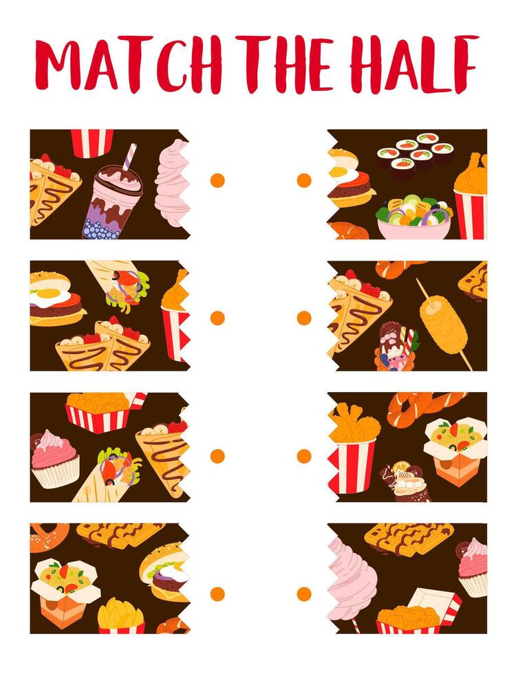 Match the half of fast food, desserts, drinks game vector