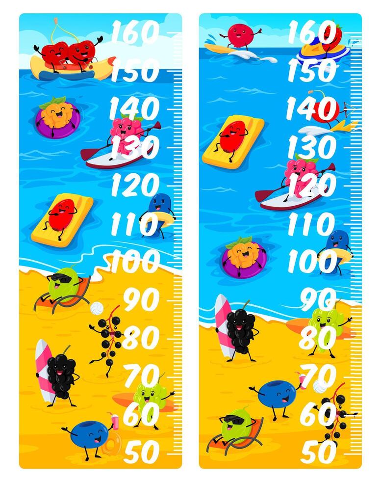 Kids height chart with berry characters on beach vector