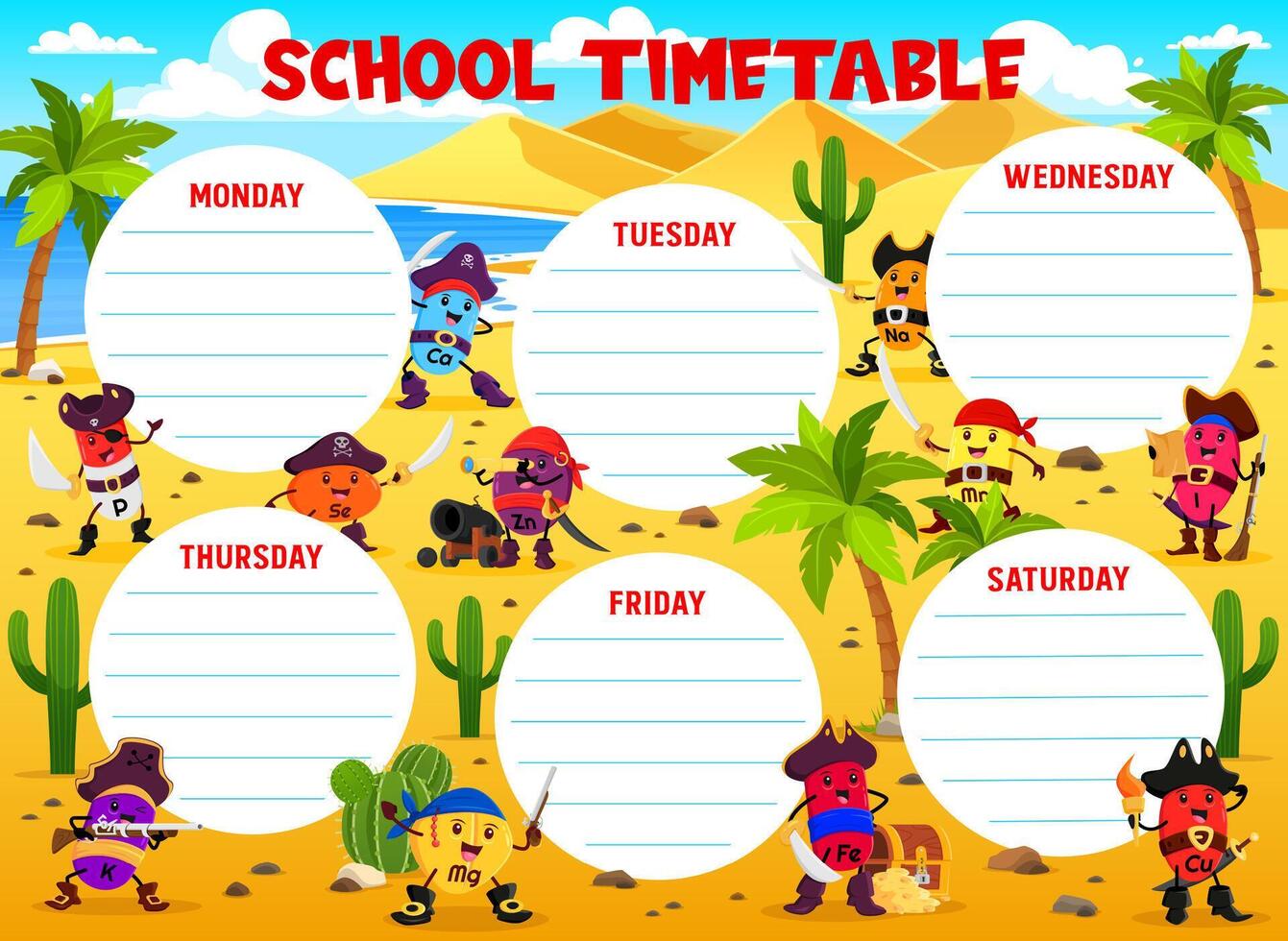 Education timetable schedule, cartoon vitamins vector