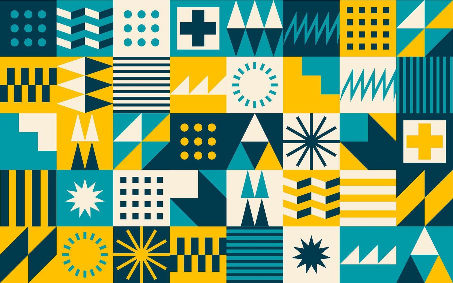 Turquoise, yellow, dark geometric Bauhaus pattern vector
