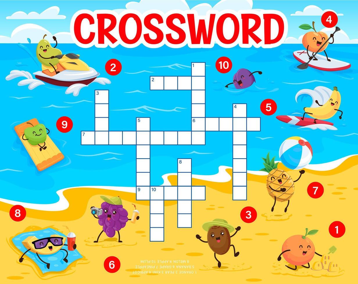Crossword quiz game with funny fruits on beach vector