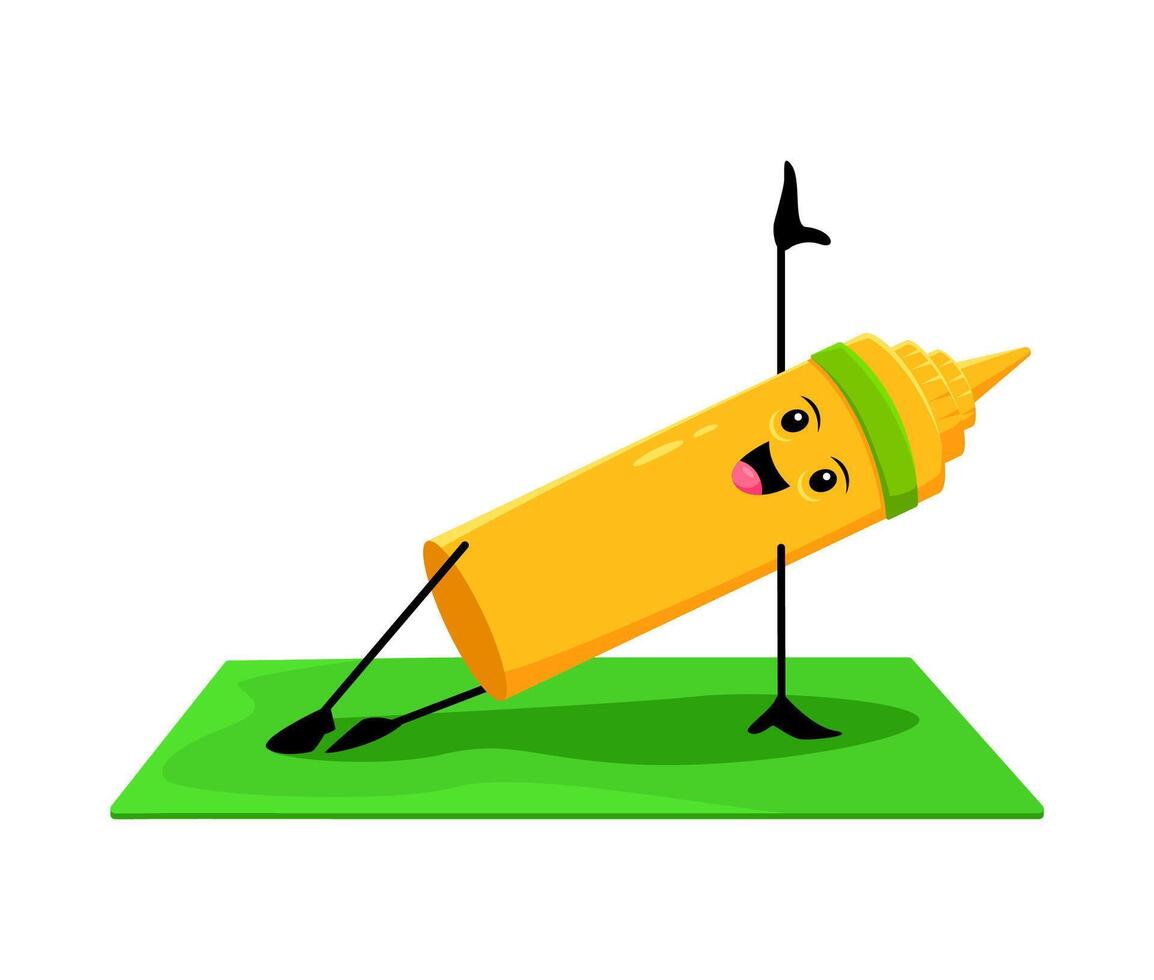Cartoon fast food mustard character on yoga vector