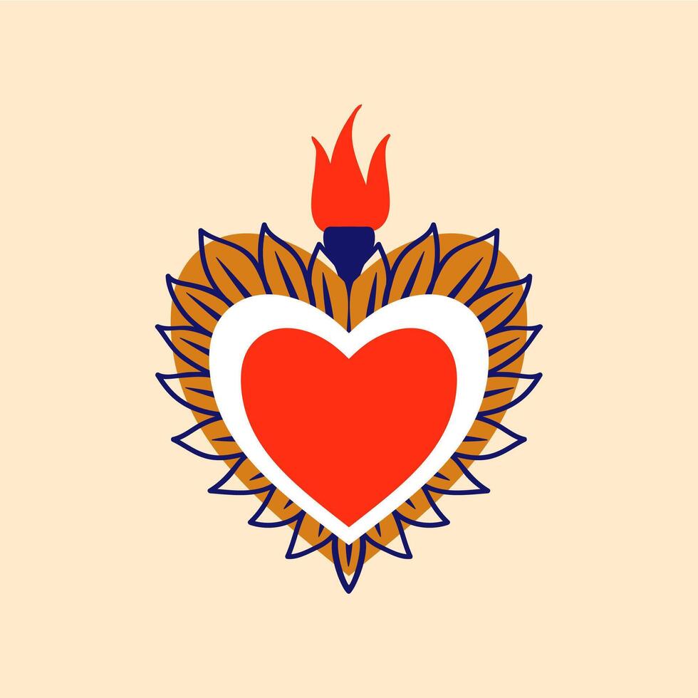 Mexican sacred flaming Jesus heart retro sticker vector