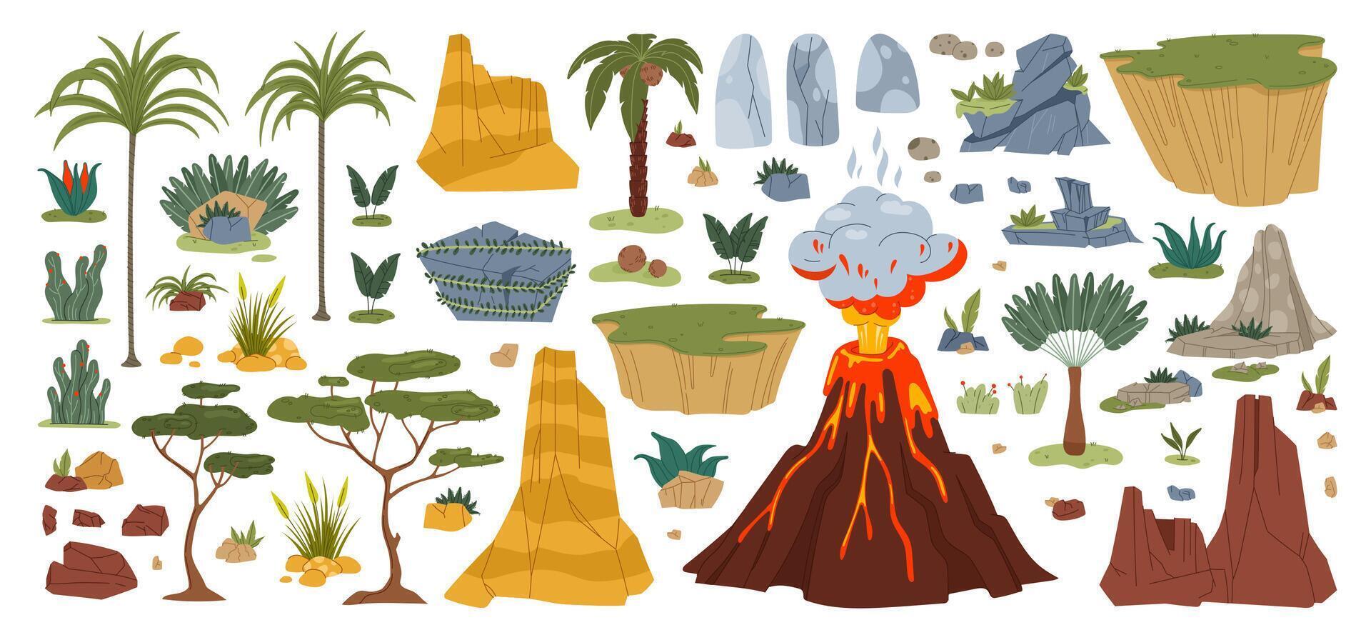 Jungle and jurassic dinosaur era game assets set vector