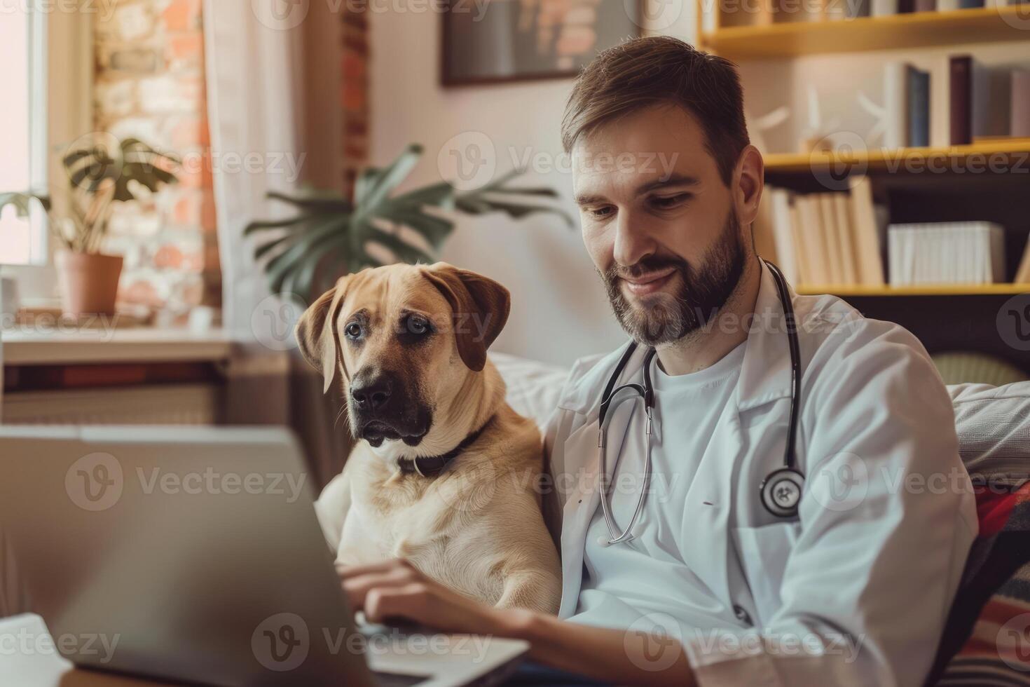 man with dog in front of a laptop, concept of remote work, telemedicine, online work photo