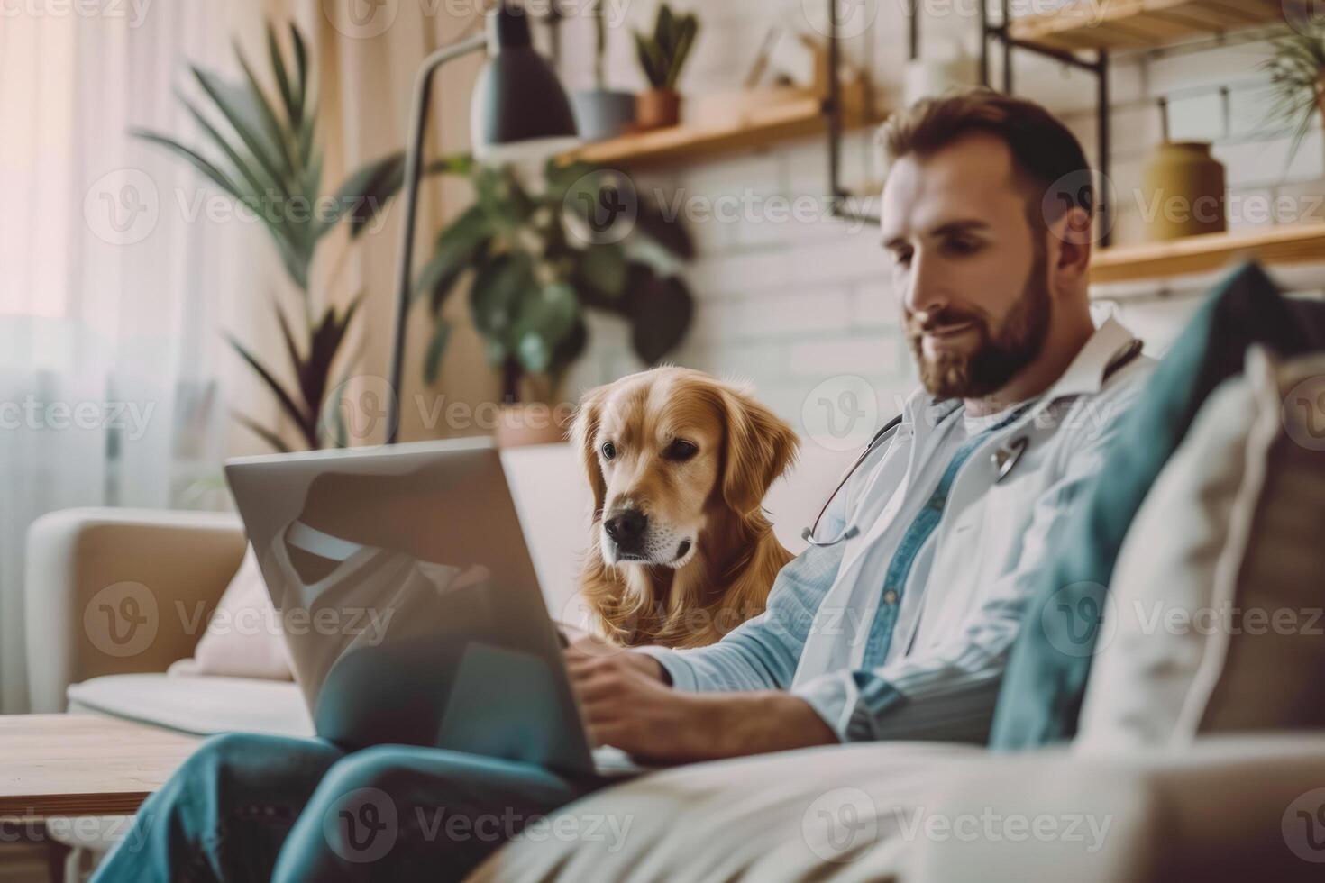 man with dog in front of a laptop, concept of remote work, telemedicine, online work photo
