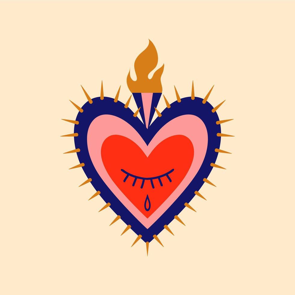Mexican sacred heart with flame and thorns vector