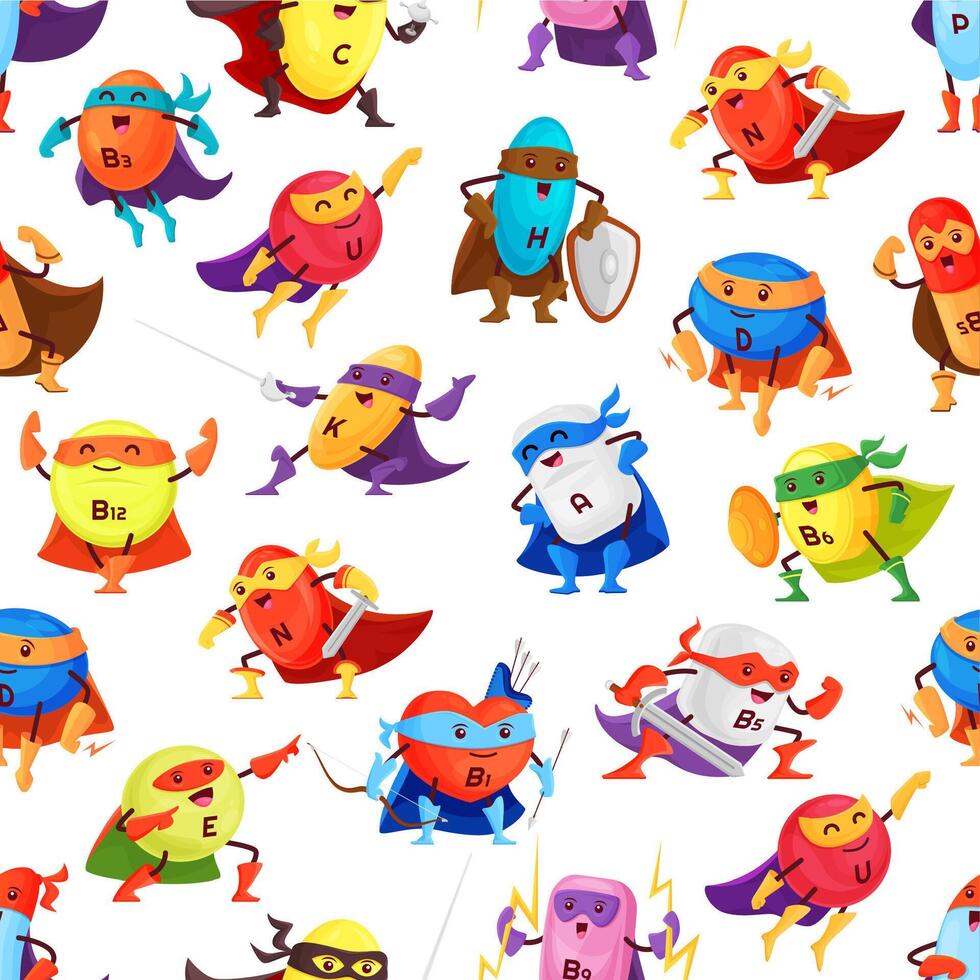 Cartoon vitamin superheroes seamless pattern vector