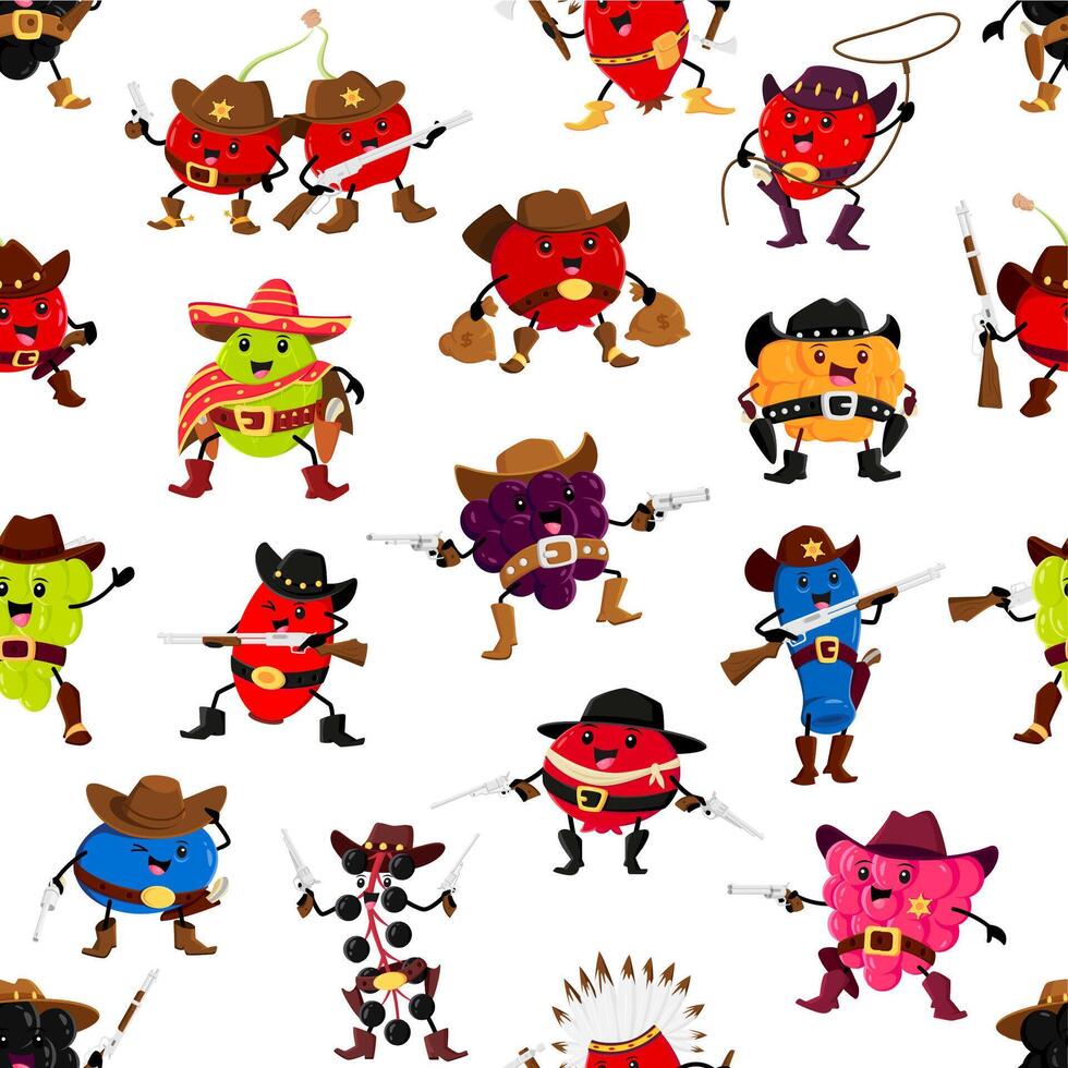 Cartoon berry cowboy characters seamless pattern vector