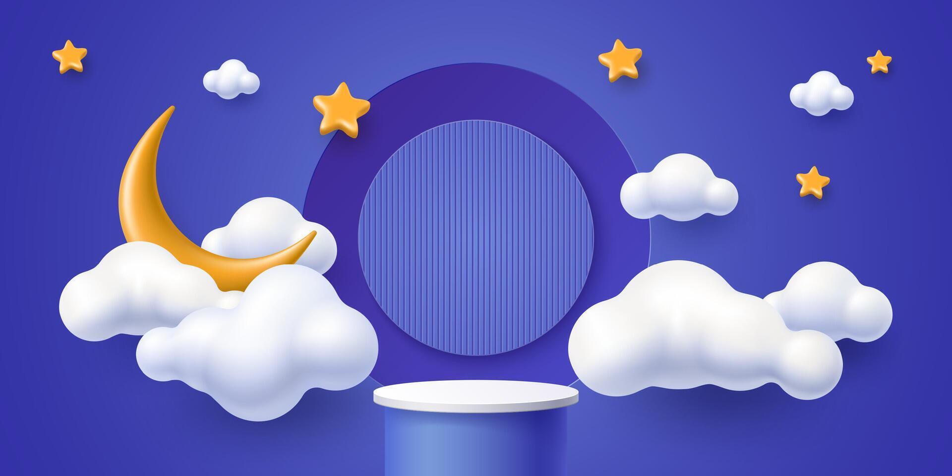 3D kid podium stage with moon, white clouds in sky vector