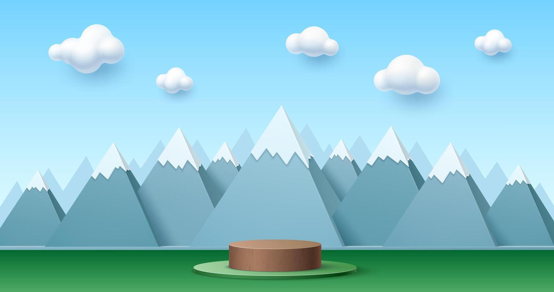 3D kid podium stage with mountain, sky and clouds vector