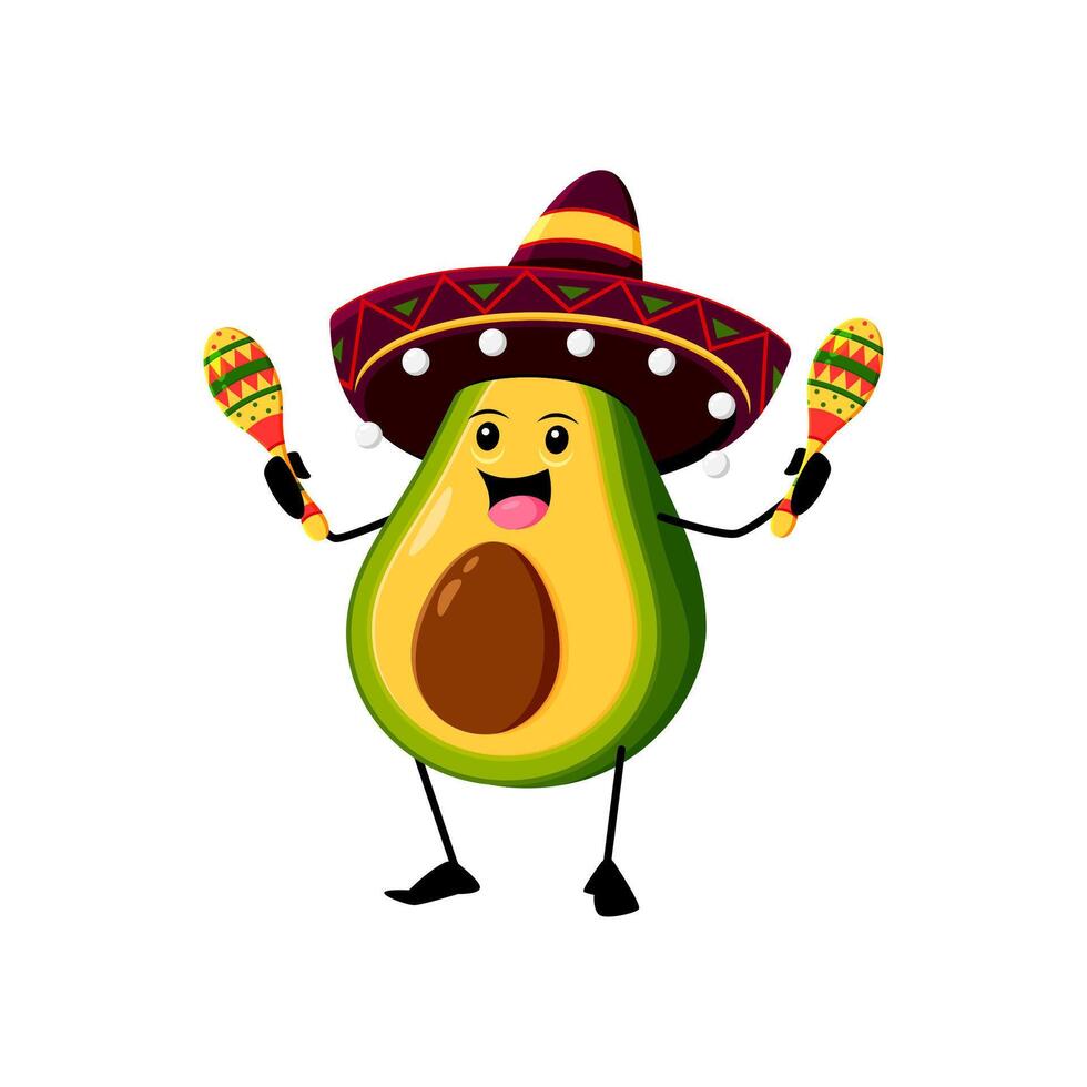 Cartoon mexican mariachi avocado with maracas vector