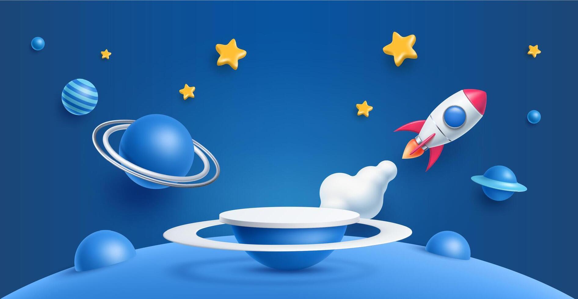3D kid podium stage, space rocket, galaxy planets vector