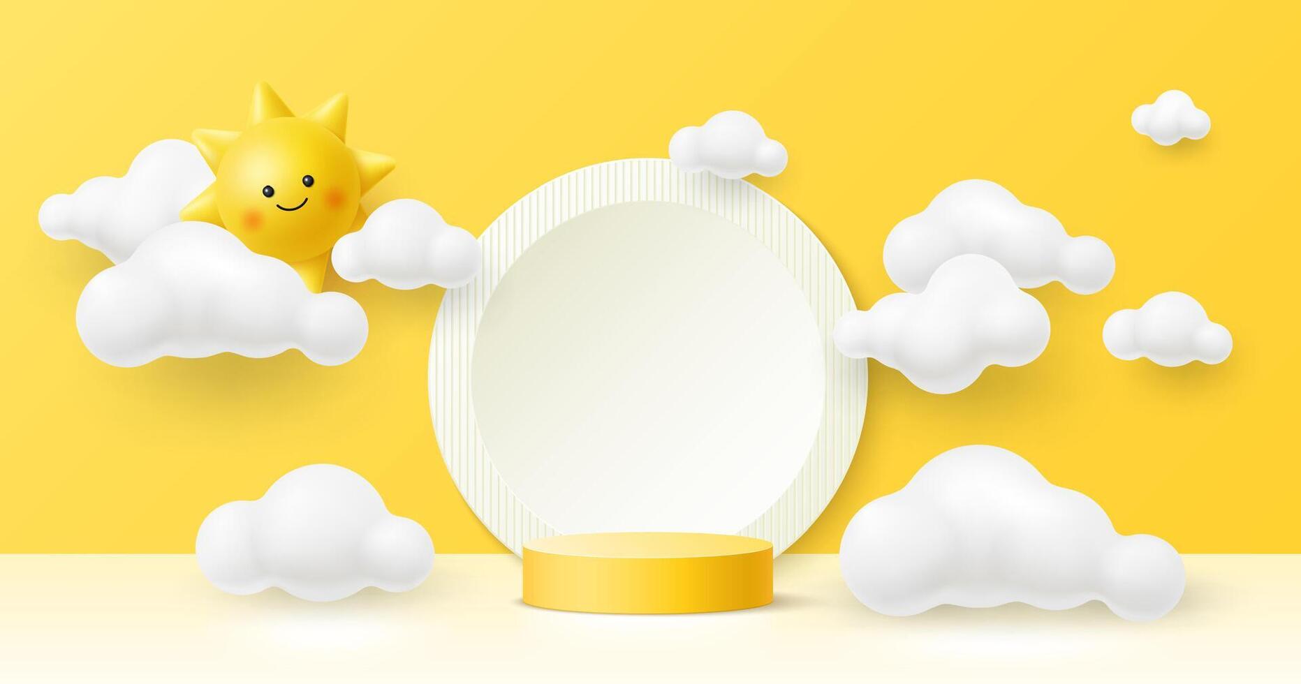 Yellow 3D kid podium stage with sun and clouds vector