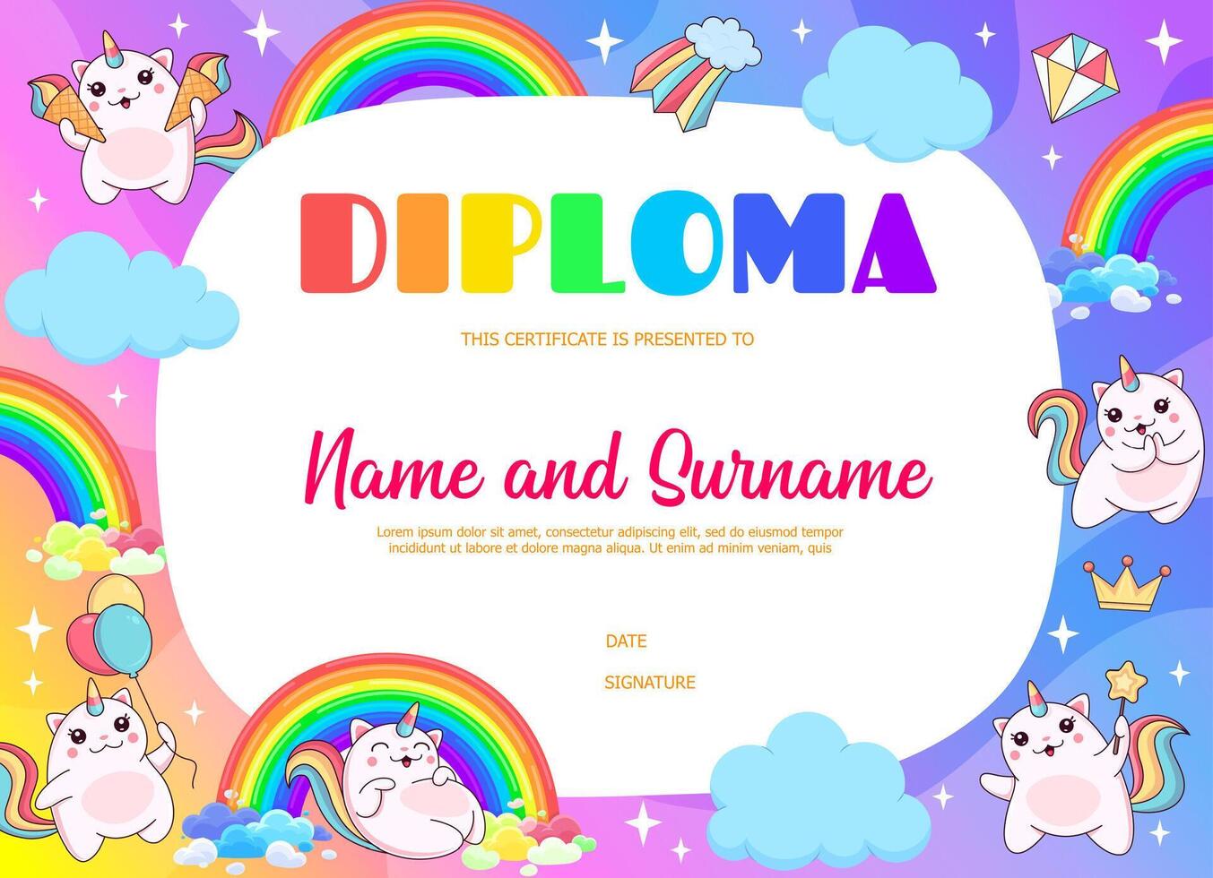 Kids diploma. Cute caticorn cat, kitten characters vector