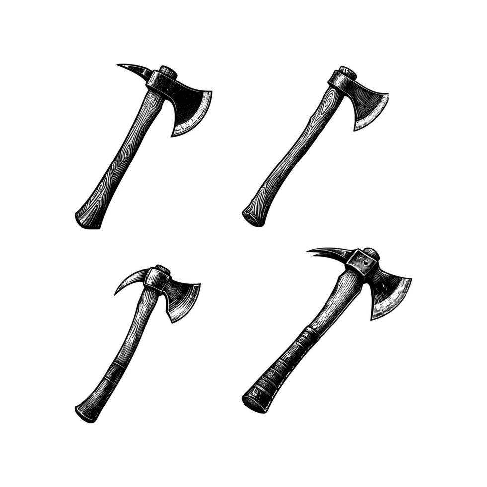 set black and white illustration of hatchet axe isolated on white background vector