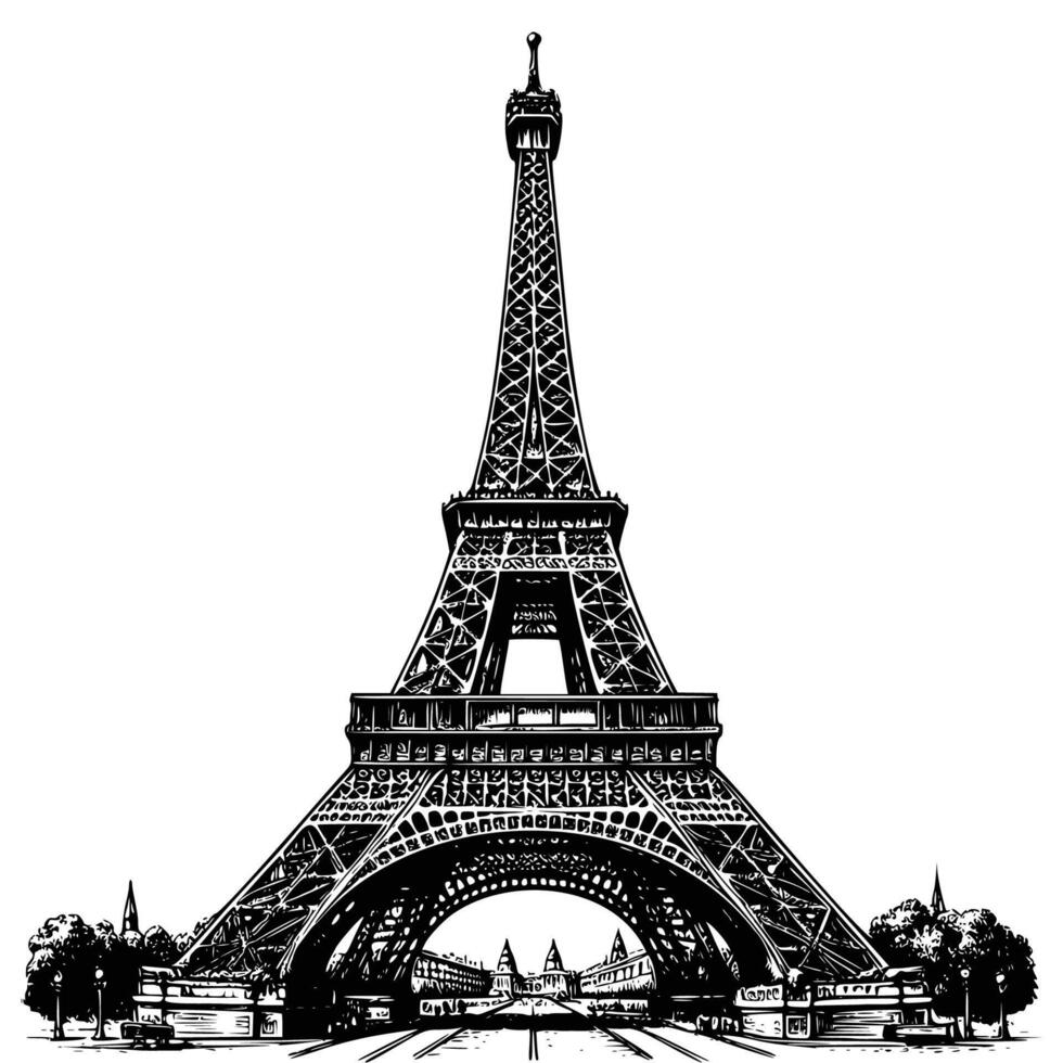 hand drawn eiffel tower illustration for poster and banner. engraving black and white Eiffel tower in France straight view illustration vector