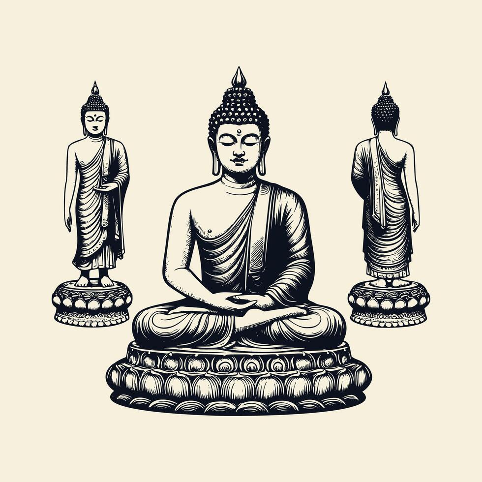 buddha statue illustration. buddha gautama vintage style illustration. hand drawn buddha isolated background vector