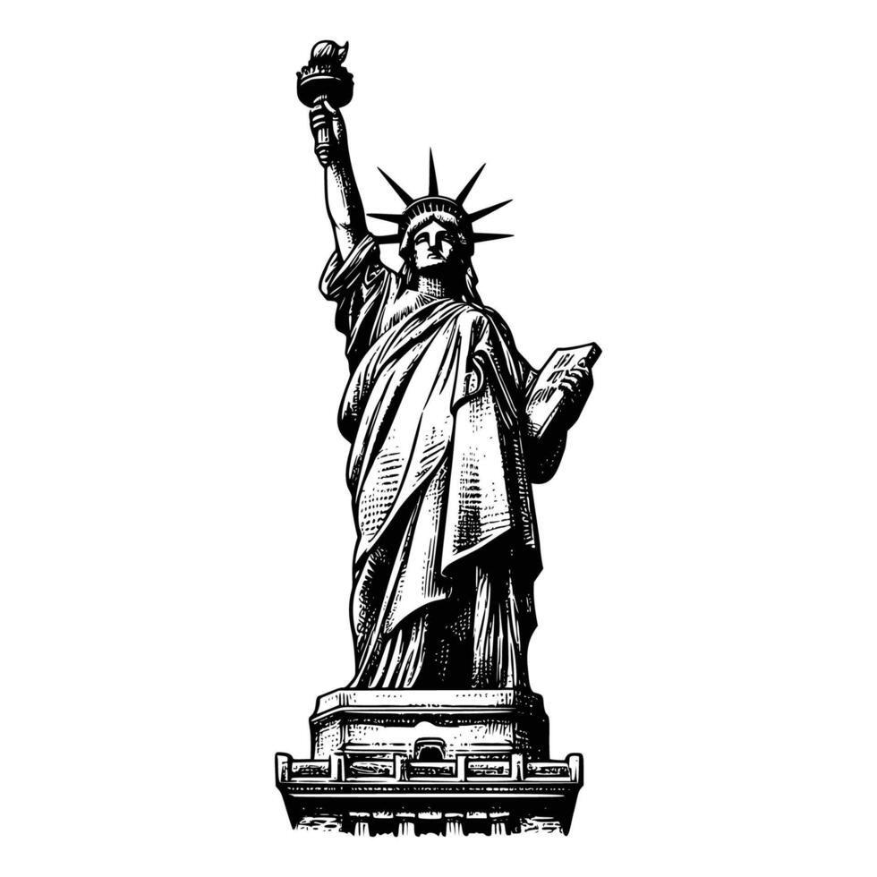 hand drawn statue of liberty illustration. engraving black and white liberty statue illustration isolated on white background vector