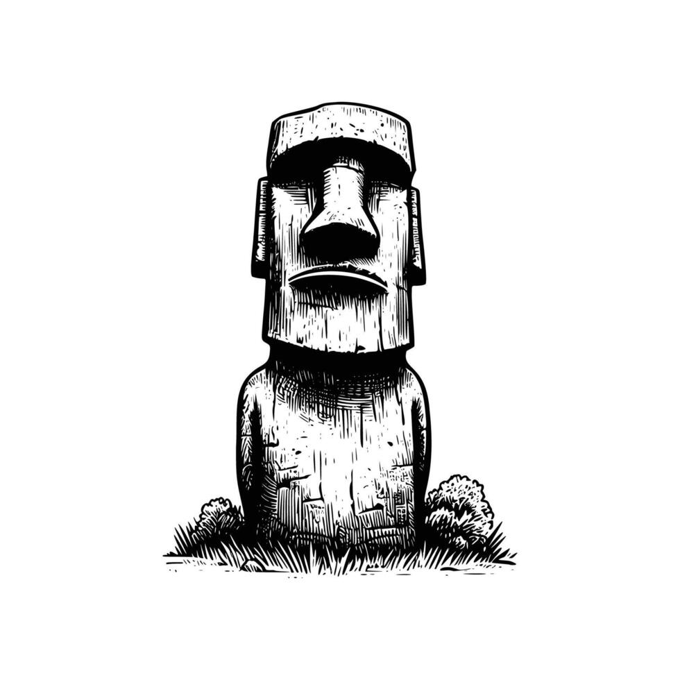 hand drawn moai statue illustration. engraving black and white moai statue illustration isolated on white background vector