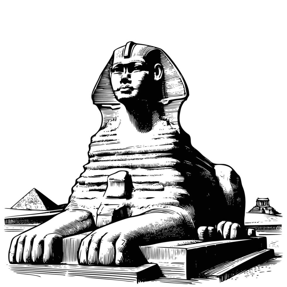 hand drawn Great Sphinx of Giza statue illustration. engraving black and white sphinx statue illustration isolated on white background vector