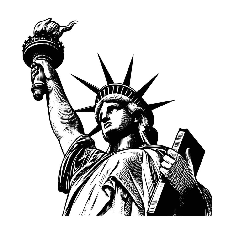 hand drawn statue of liberty illustration. engraving black and white liberty statue illustration isolated on white background vector