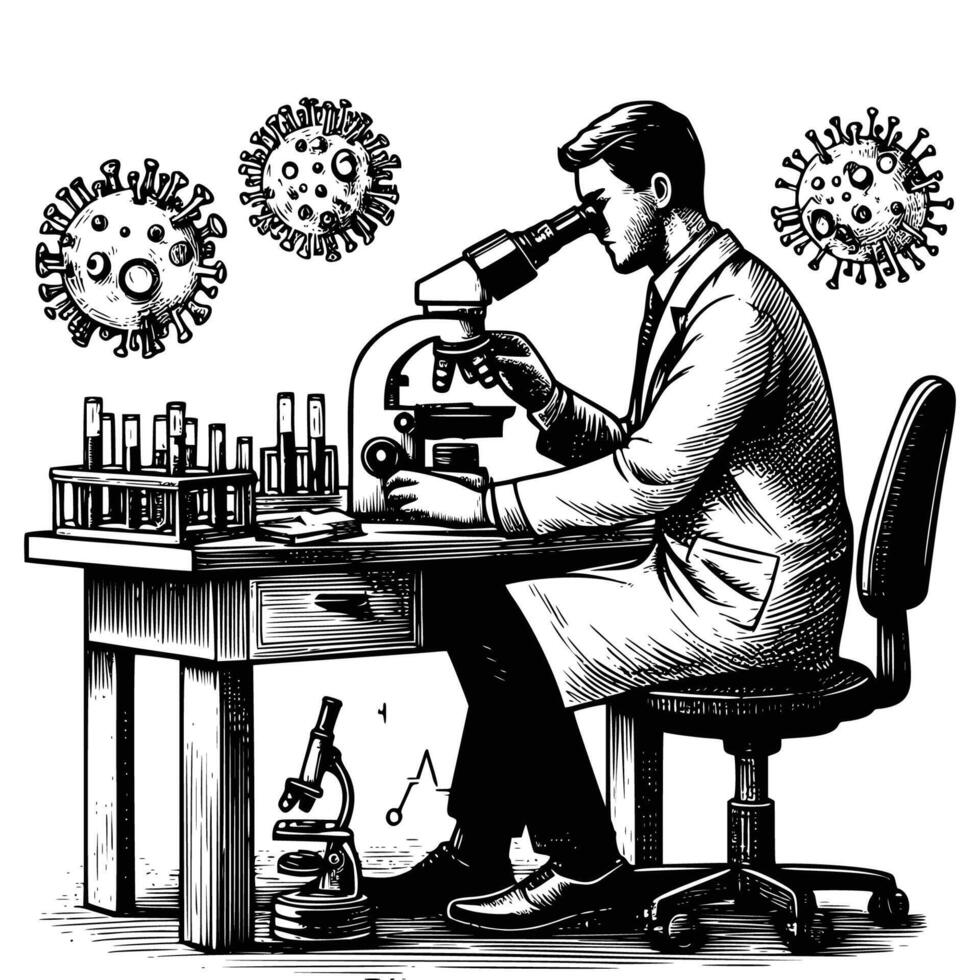 hand drawn male scientist working using microscope. engraving black and white scientist conducting research in the laboratory illustration vector