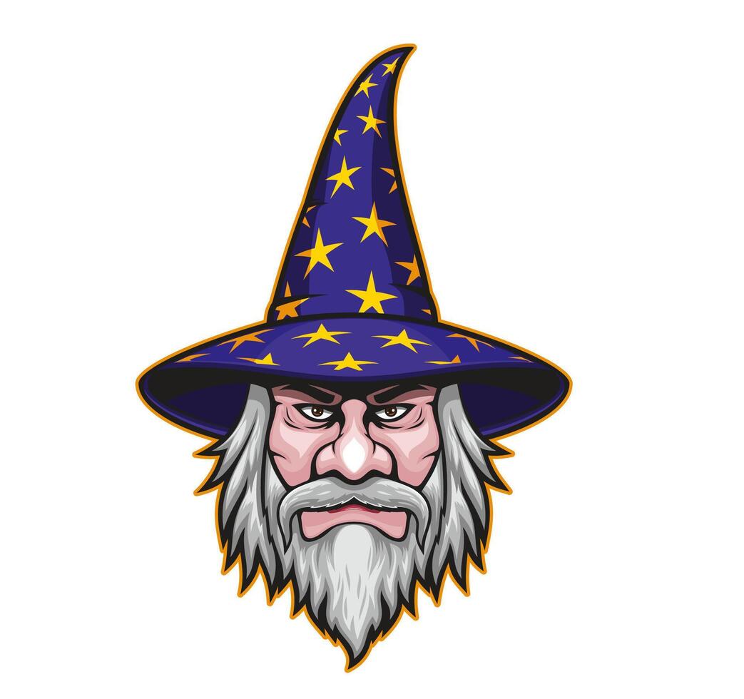 Wizard or mage mascot character, sorcerer face vector