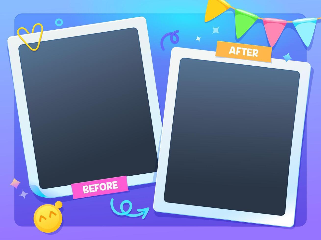 Before after template, photo frames on paper clip vector