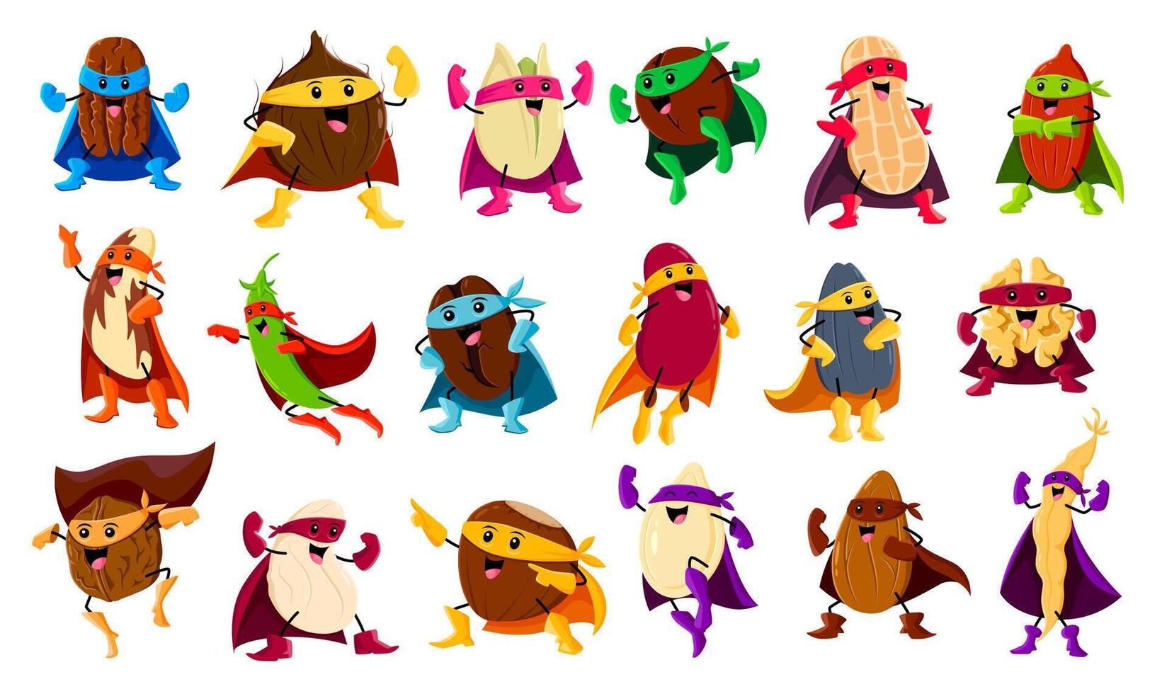 Cartoon nuts, bean and legume superhero characters vector