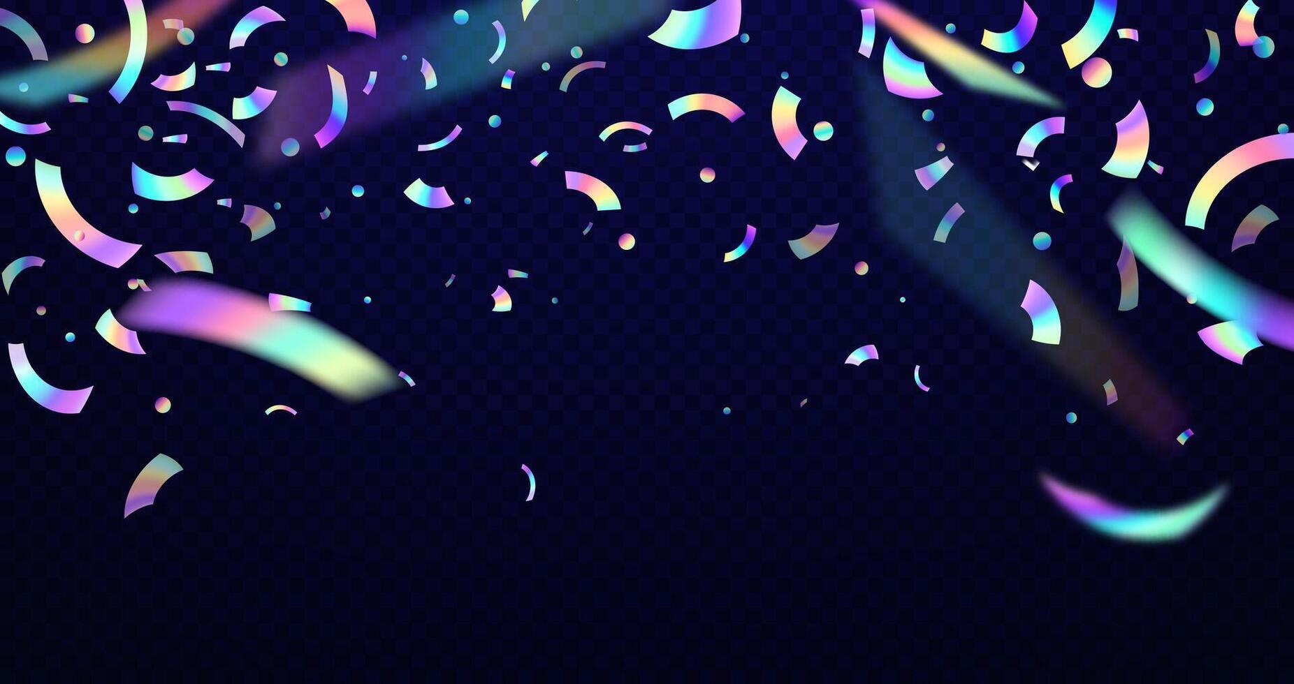 Holographic neon confetti, iridescent rainbow foil vector