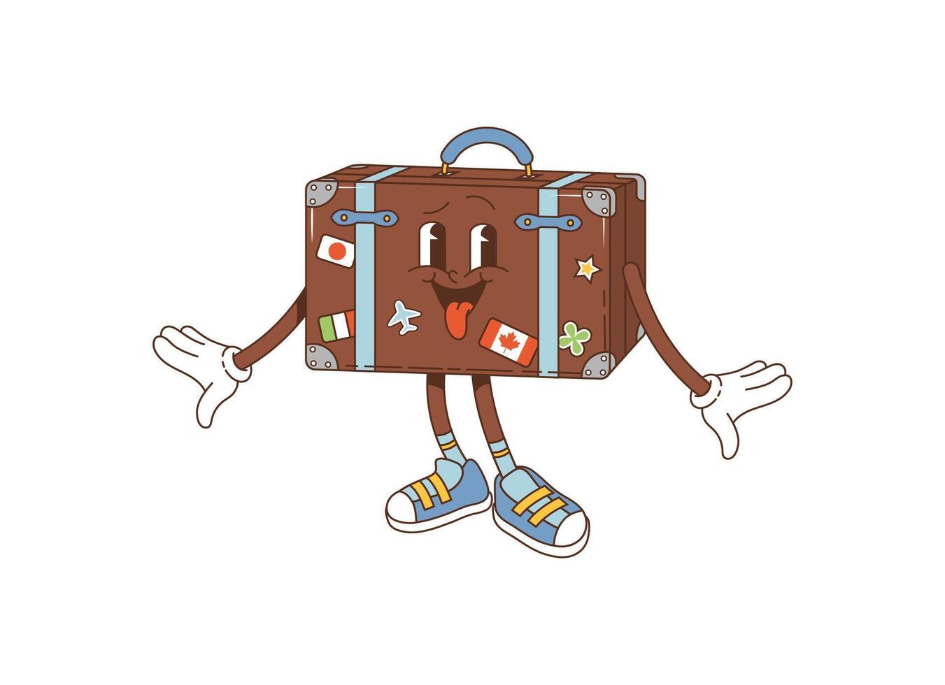 Cartoon retro travel suitcase groovy character vector