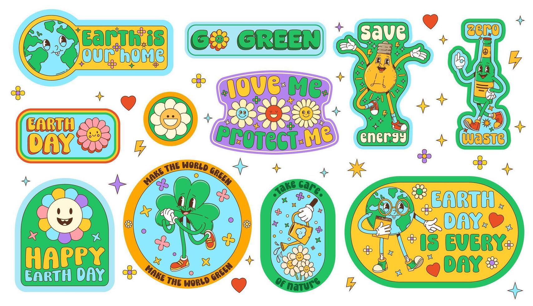 Environment groovy stickers with retro characters vector