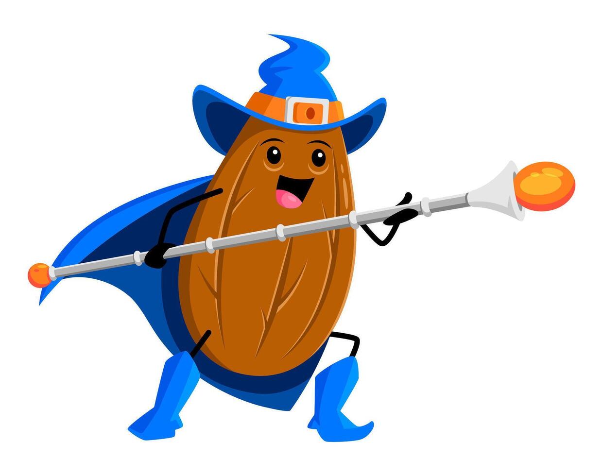 Cartoon almond nut wizard armed with magic staff vector