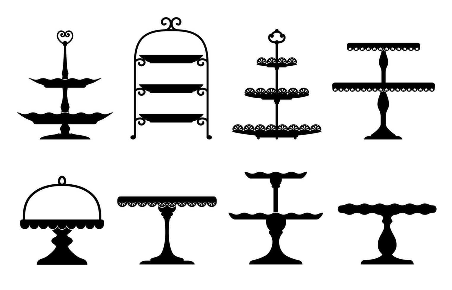 Wedding cake platter, stand tray silhouettes set vector