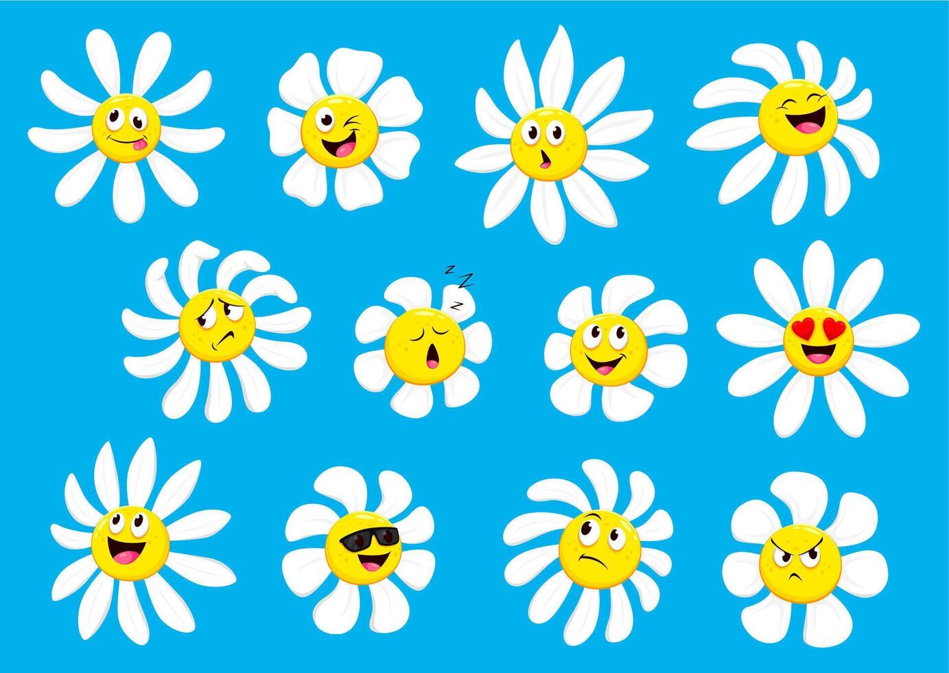 Cartoon chamomile or daisy flower face characters vector