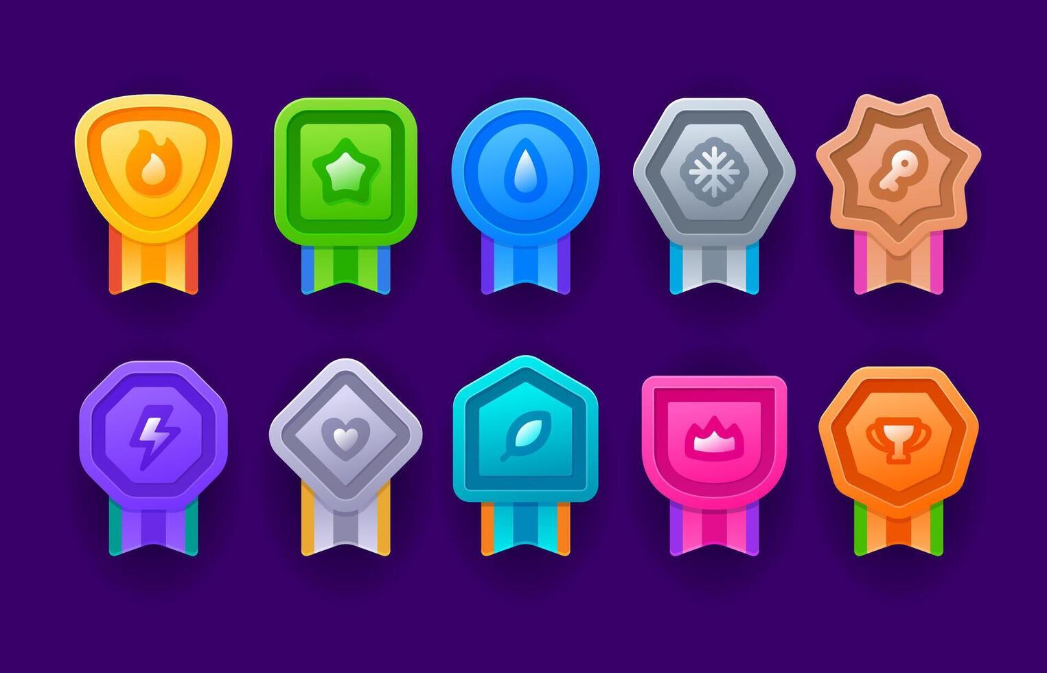 Game achievement medal badge, level rank icons vector