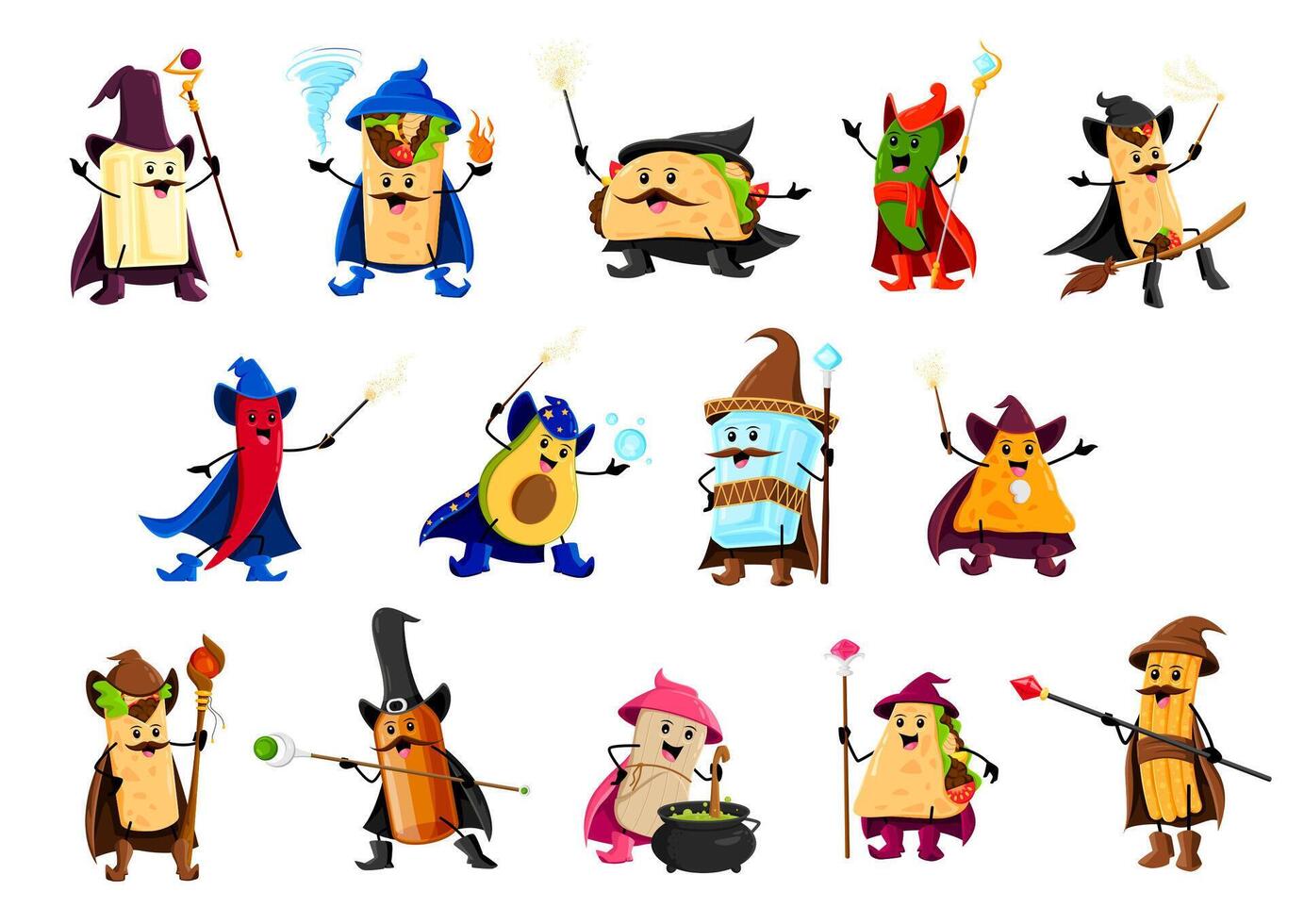 Cartoon halloween tex mex food wizards and mages vector