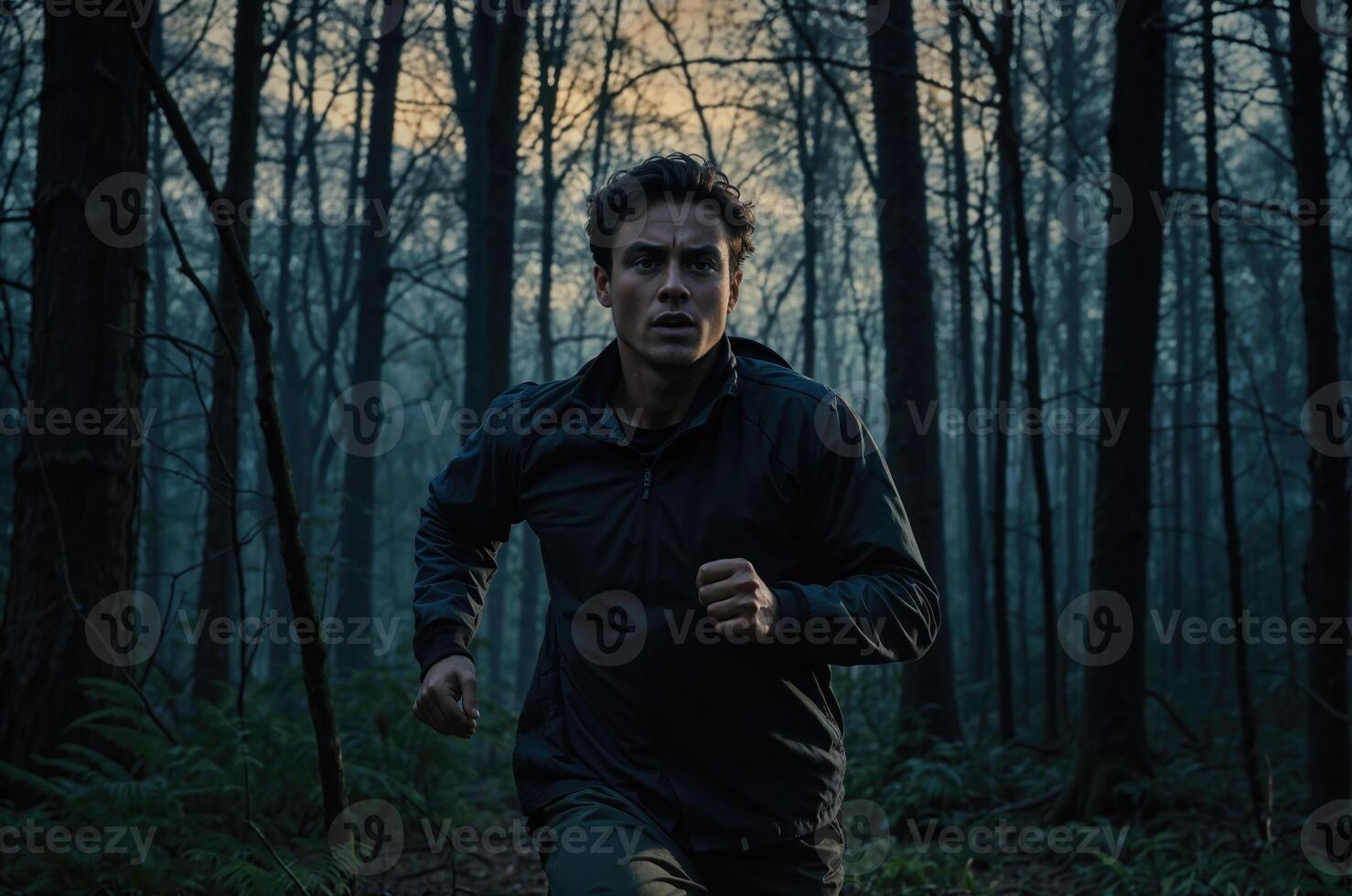Determined athlete is running through a dark forest at dawn, pushing his limits and striving for greatness photo