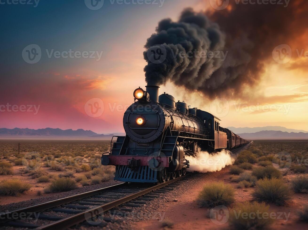 Old steam train is traveling through the desert at sunset, leaving a trail of smoke photo