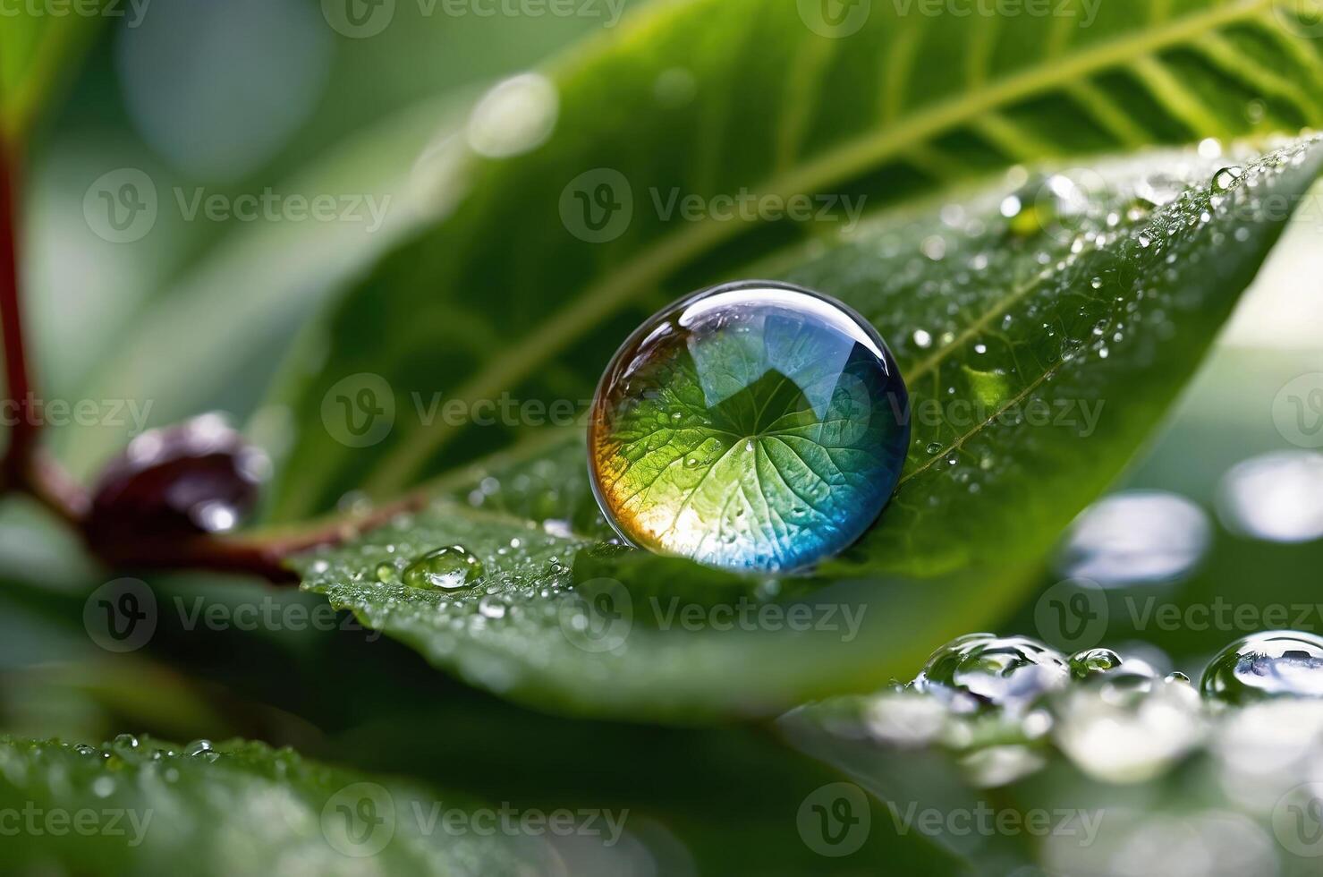 Crystal ball resting on vibrant green leaf reflecting sunlight photo