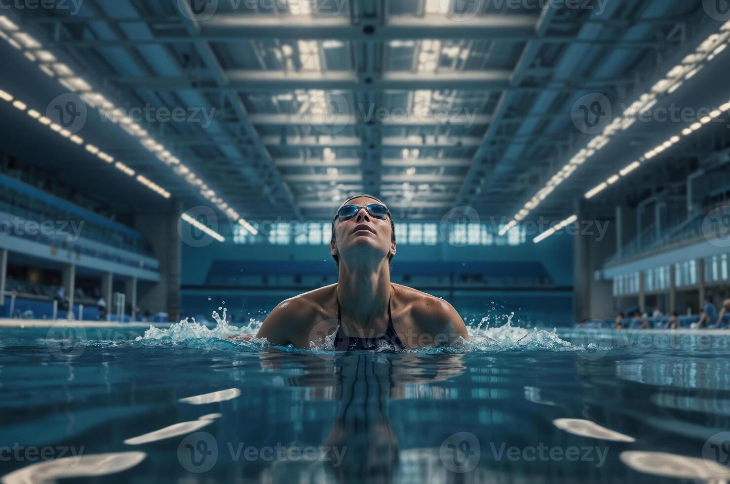 Professional female athlete taking a deep breath while training in a swimming pool photo