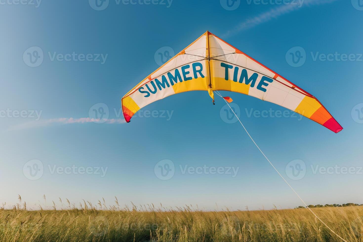 Colorful kite flying high in the sky over a field on a sunny summer day photo