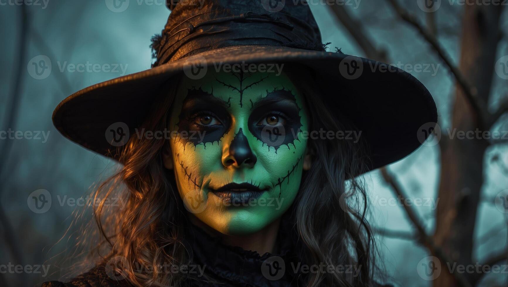Spooky portrait of a woman wearing witch hat and scary makeup for halloween photo